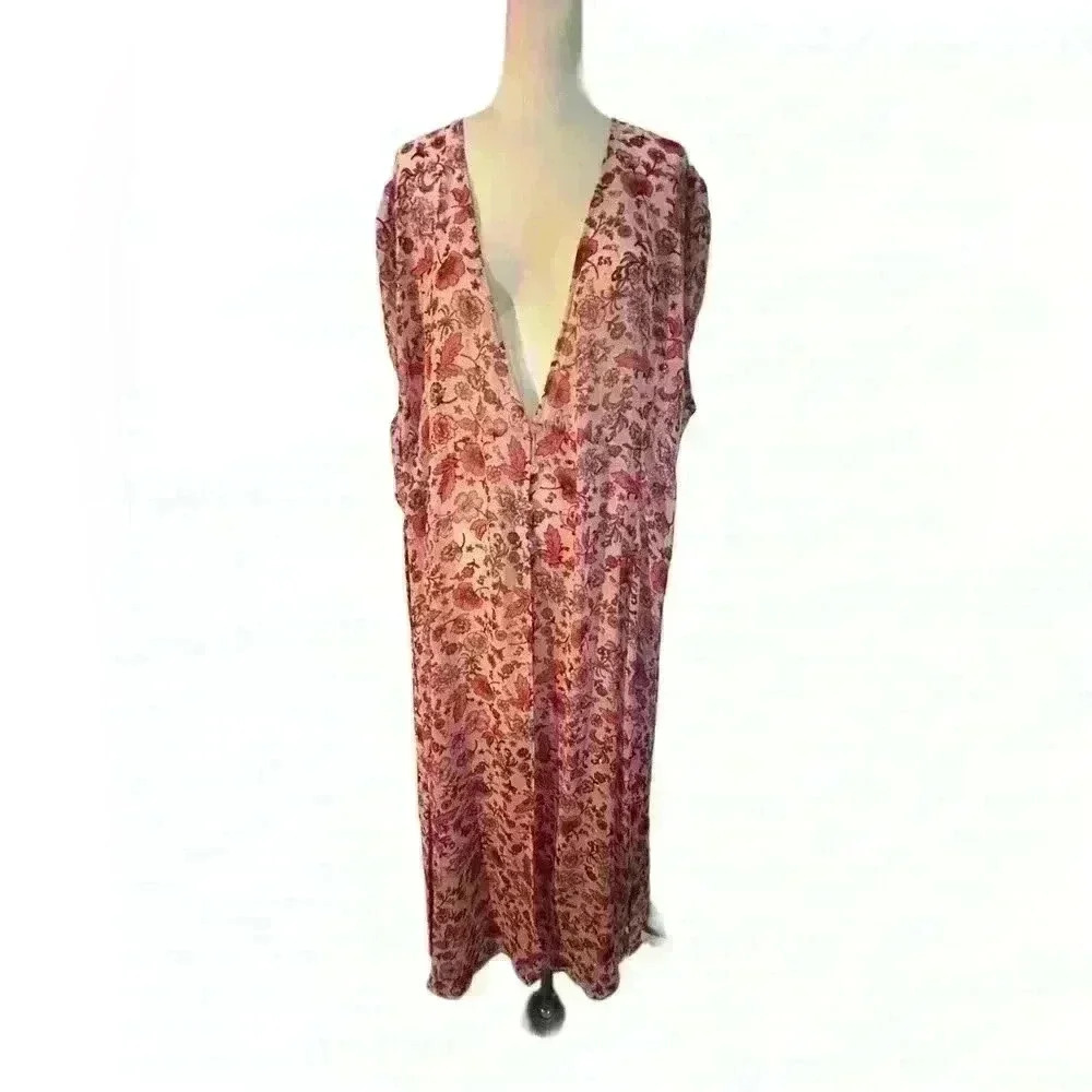 Long Duster with Tie Belt in Pink Floral
